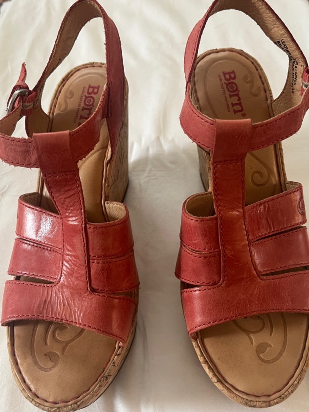 Born Red Leather T‑Strap Wedge Sandals (Light Strawberry Color).